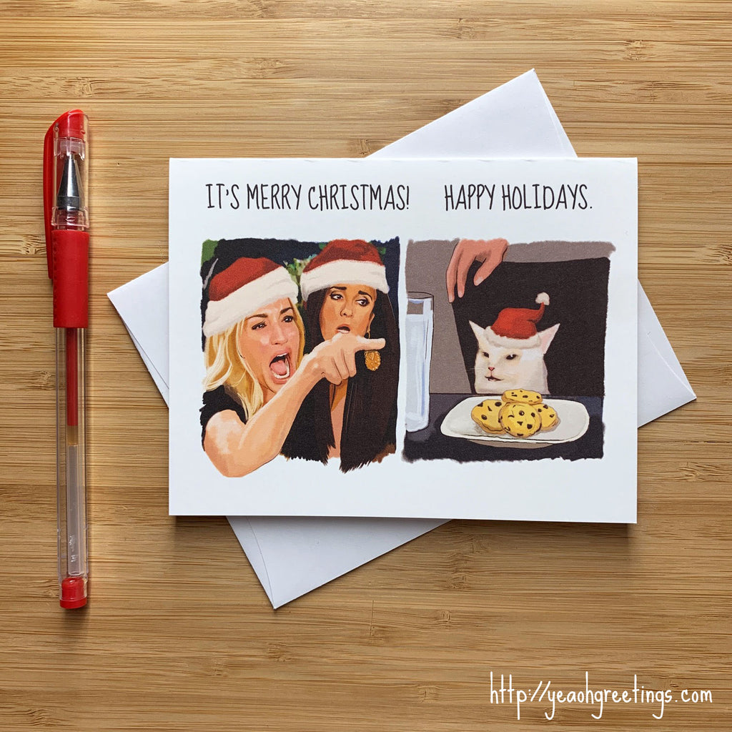 Angry Yelling Cat Lady Christmas Card